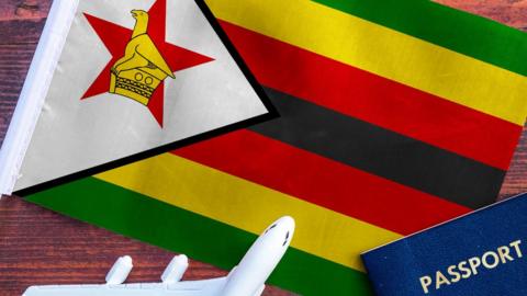 A Zimbabwe flag, passport and model plane
