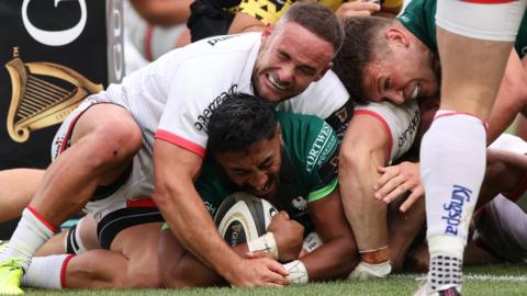 Ulster's Alby Mathewson is unable to prevent Bundee Aki from scoring a try in the sides' last meeting in August