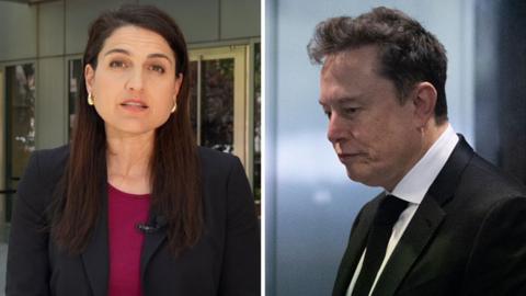 On the right, BBC reporter in a black blazer; on the right, Elon Musk in a black suit.
