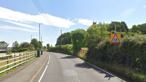 A view of High Street, Portbury, which is a country road wit hedges on one side of the road and a pavement and fencing on the other.