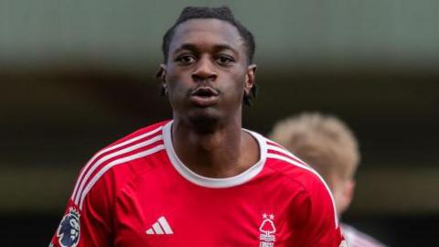 Detlef Esapa Osong of Nottingham Forest celebrates scoring the second goal of the game at Impact Arena on April 19, 2024 in Nottingham, England.