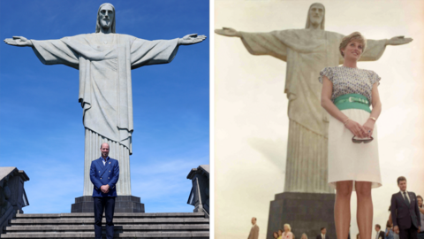 A composite image of Prince William and his mother Diana, Princess of Wales, both standing in front of the Christ the Redeemer statue in Rio