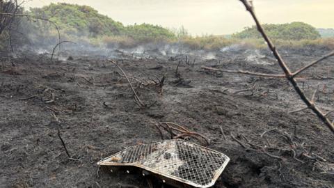 The disposable barbecue, at the bottom of the frame, is surrounded by a sweeping expanse of scorched earth and the skeletal sticks of burnt plants. In the distance, smoke still rises from the edges of the wildfire, with dense shrubbery beyond.
