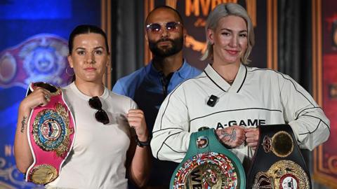 Chantelle Cameron holds the WBO light-middleweight title and stands next to Mikaela Mayer who holds the WBA and WBC light-middleweight titles