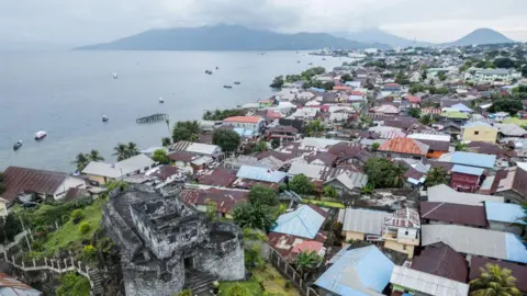Rows of houses with corrugated iron roofs line the seafront with an old grey fortification in the foreground