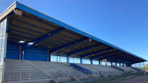 Grandstand of the former speedway track, the seats have been removed.