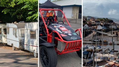 Caravans parked on the side of the road, beneath some trees. A red, open racecar with roll bars. A view of Watchet Harbour showing boats and houses on the coastline on a sunny day.