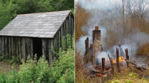 Old gangers hut before and after the blaze