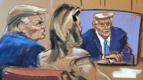 Former U.S. President Donald Trump watches footage of himself giving a video deposition during the second civil trial where Carroll accused former U.S. President Donald Trump of raping her decades ago, at Manhattan Federal Court in New York City, U.S., January 25, 2024 in this courtroom sketch. REUTERS/Jane Rosenberg