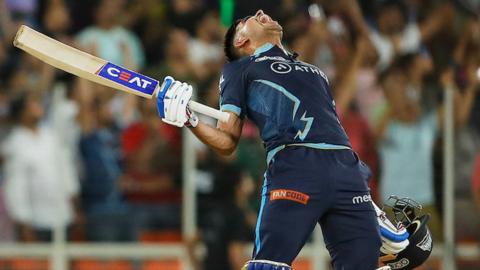 Shubman Gill celebrates hitting the winning runs in the IPL final