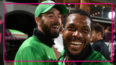 Southern Brave players James Vince (left) and Chris Jordan (right) smile after winning The Hundred in 2021