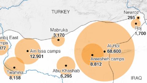 Map showing population of camps for displaced people in north-eastern Syria