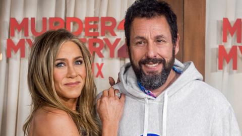 Jennifer Aniston and Adam Sandler attend the Los Angeles premiere of Netflix's 'Murder Mystery 2' at Regency Village Theatre on March 28, 2023 in Los Angeles