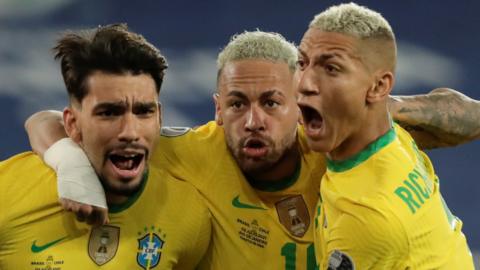 Lucas Paqueta (left) celebrates with Brazil team-mates Neymar (centre) and Richarlison after scoring against Chile in their Copa America quarter-final