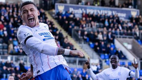 James Tavernier celebrates after scoring a penalty for Rangers against St Johnstone