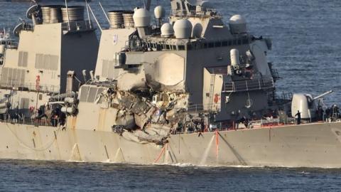 US Navy guided missile destroyer USS Fitzgerald arrves at its mother port US Naval Yokosuka Base, Kanagawa prefecture on 17 June 2017.