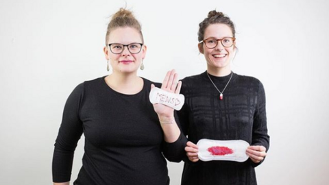 Elin Danielsson and Rebecka Hallencreutz of the Swedish menstruation rights group MENSEN, 2018