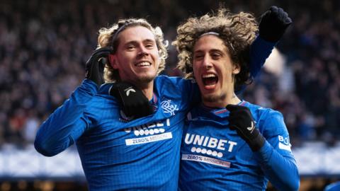 Todd Cantwell and Fabio Silva celebrate