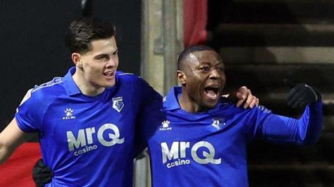 Luca Kjerrumgaard of Watford celebrates scoring a goal 