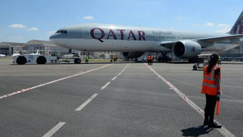 A Qatar Airways plane on the tarmac