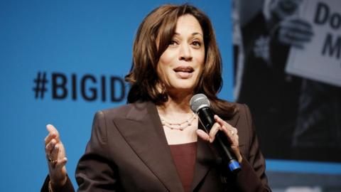 Kamala Harris speaks onstage at the MoveOn Big Ideas Forum at The Warfield Theatre on June 01, 2019 in San Francisco, California.
