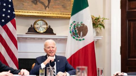 Joe Biden speaks with Mexican President Andrés Manuel López Obrador in the Roosevelt Room of the White House on March 1, 2021 in Washington, DC