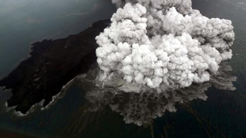 An aerial view of Anak Krakatau volcano during an eruption at Sunda strait in South Lampung, Indonesia, December 23, 2018