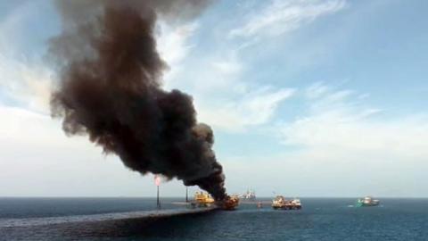 A view of the fire on an oil platform in Ciudad del Carmen, Campeche state, Mexico, 22 August 2021.