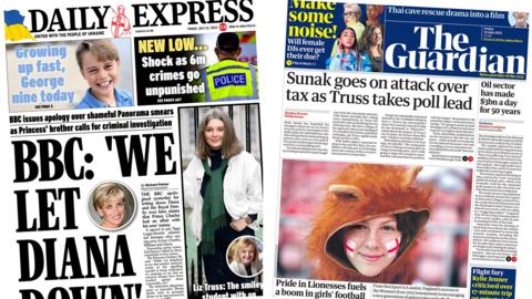 The headline in the Express reads, "鶹Լ: 'We let Diana down'", while the headline in the Guardian reads, "Sunak goes on attack over tax as Truss takes poll lead"