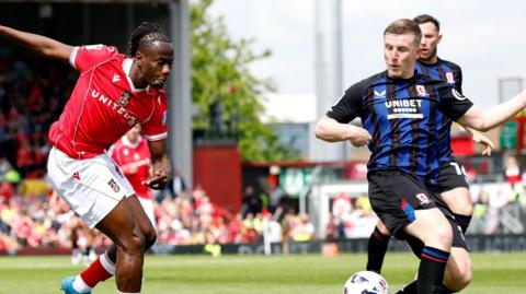 Wrexham's Issa Kabore (left) sees his cross blocked by Middlesbrough's Matt Targett