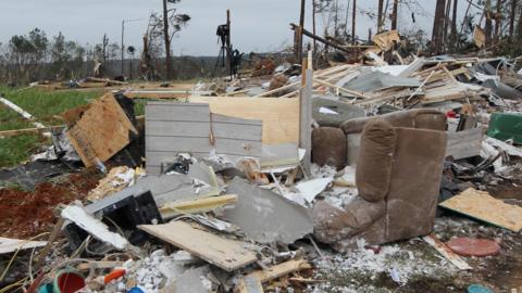 Damage from a tornado in Beauregard, Alabama on March 4, 2019