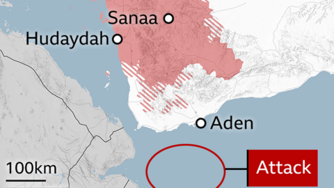 Map showing location of reported attack in the Gulf of Aden on 6 March 2024