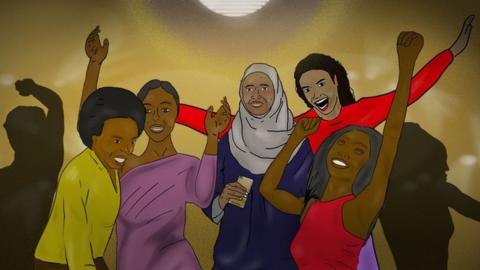 An illustration of women of all walks of life, including those in hijabs dancing on the dance floor