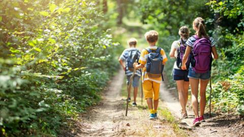 four kids walking along a leafy country lane