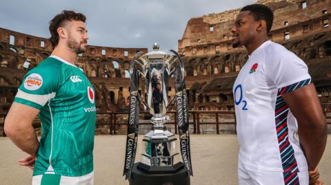 Ireland captain Caelan Doris with England counterpart Maro Itoje at the 2025 Six Nations launch