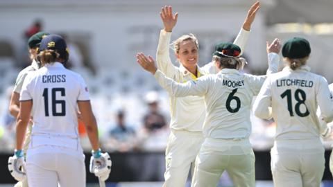 Australia celebrate the wicket of England's Kate Cross on their way to winning the Test in the Women's Ashes