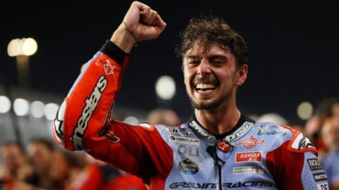 Fabio di Giannantonio celebrates winning the MotoGP Qatar Grand Prix