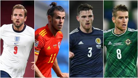 Left to right: England's Harry Kane, Wales' Gareth Bale, Scotland's Andrew Robertson and Northern Ireland's Steven Davis