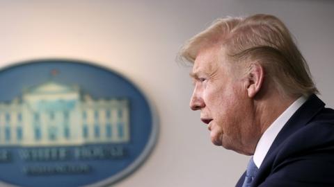 U.S. President Donald Trump speaks about the coronavirus in the press briefing room at the White House on March 16, 2020 in Washington, DC