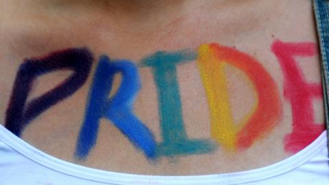 A woman takes part in Turkey's Gay Pride parade with the word 'Pride' painted on her body