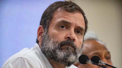 India's main opposition leader of Indian National Congress, Rahul Gandhi, can be seen in his press conference in New Delhi, India on March 25, 2023. R