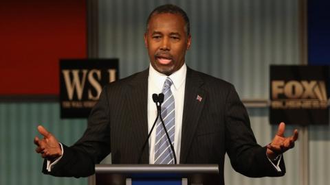 Ben Carson speaks at the Republican presidential debate in Wisconsin.