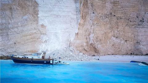 Navagio beach, or Shipwreck Beach, following a rockfall on the island of Zakynthos, Greece, 13 September 2018