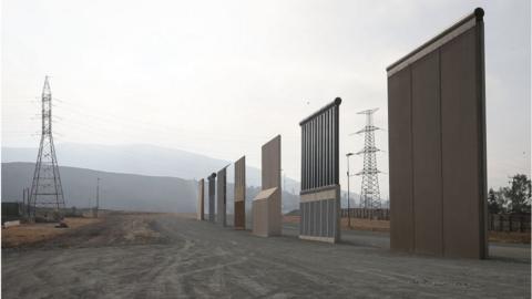 U.S President Donald Trump's border wall prototypes stand near the U.S.-Mexico border on July 16, 2018 in San Diego, California