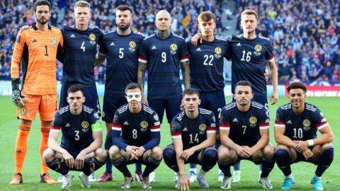 The Scotland team pose before their World Cup play-off against Ukraine