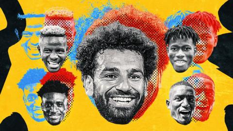 A graphic with pictures of Victor Osimhen, Mohammed Kudus, Mohamed Salah, Issa Kabore and Serhou Guirassy