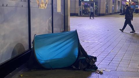 homeless person's tent in Liverpool city centre