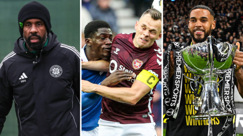 Celtic manager Wilfried Nancy, Rangers' Nassir Djiga, Hearts' Lawrence Shankland and St Mirren's Jonah Ayunga