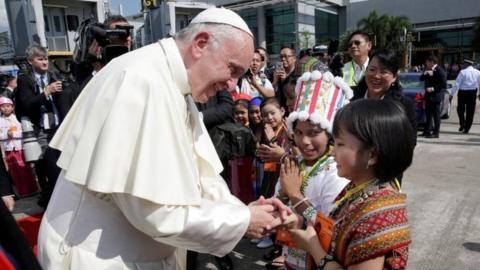 Pope Francis arrives at Yangon International Airport, Myanmar on 27 November 2017.