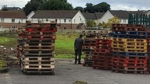 Wooden pallets stacked at the bonfire site in Galliagh in Londonderry